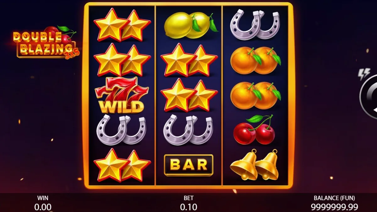 Interface do slot 3x5 Double Blazing com símbolos de frutas e fogo
