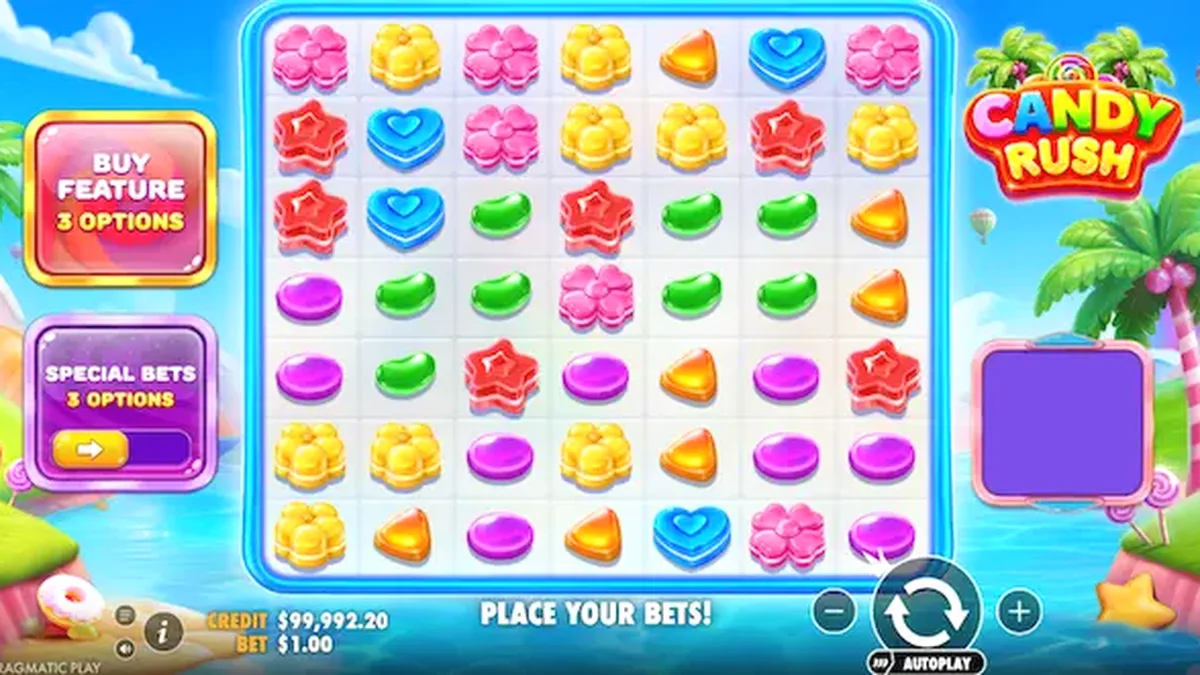 Interface colorida do jogo de slot Candy Rush com doces vibrantes