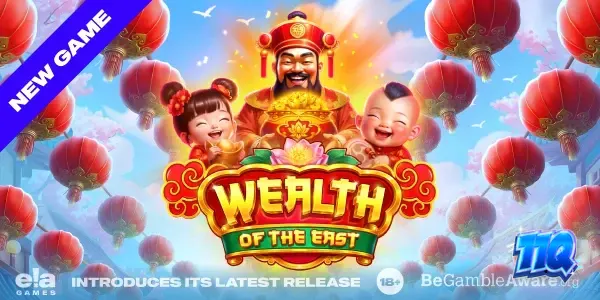 Cenário festivo e vibrante do jogo Wealth of the East com lanternas e elementos orientais.
